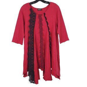 Lee Andersen Tunic Top Red Black Lace Women Size M Boho Lagenlook Artsy Hippie